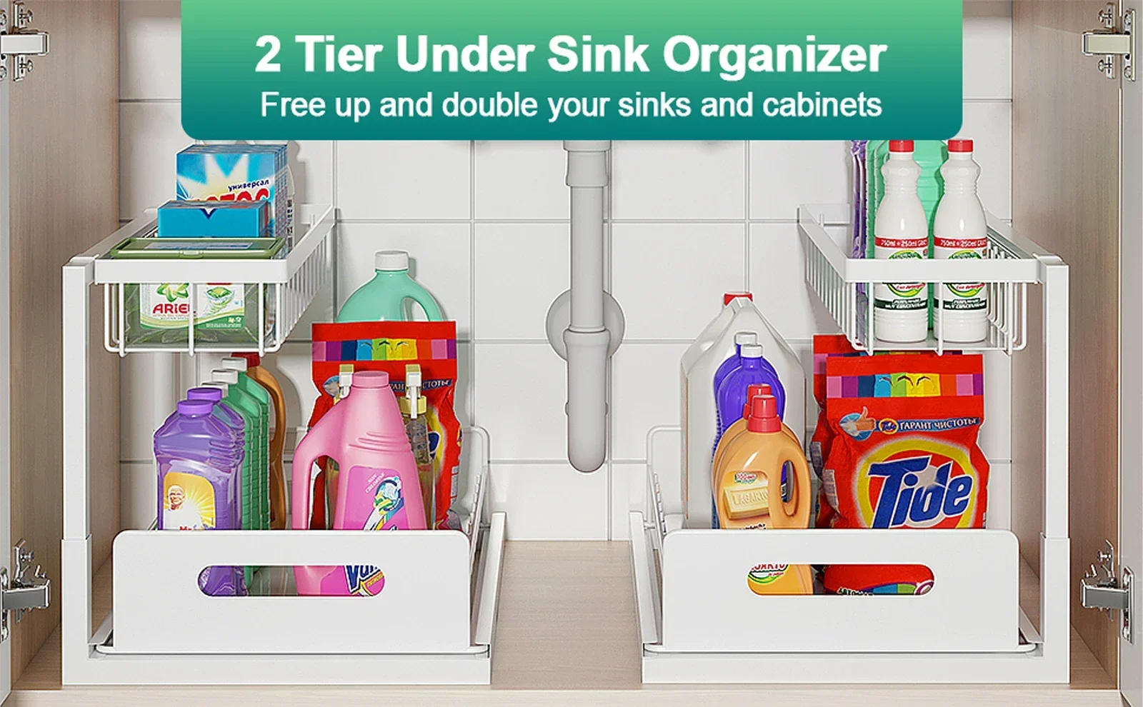 Description Picture 2 of itemUnder Sink Organizers and Storage,with Sliding Drawer 2 Tier Multi-purpose Bathroom Shelf Organizer for Kitchen Bathroom Storage