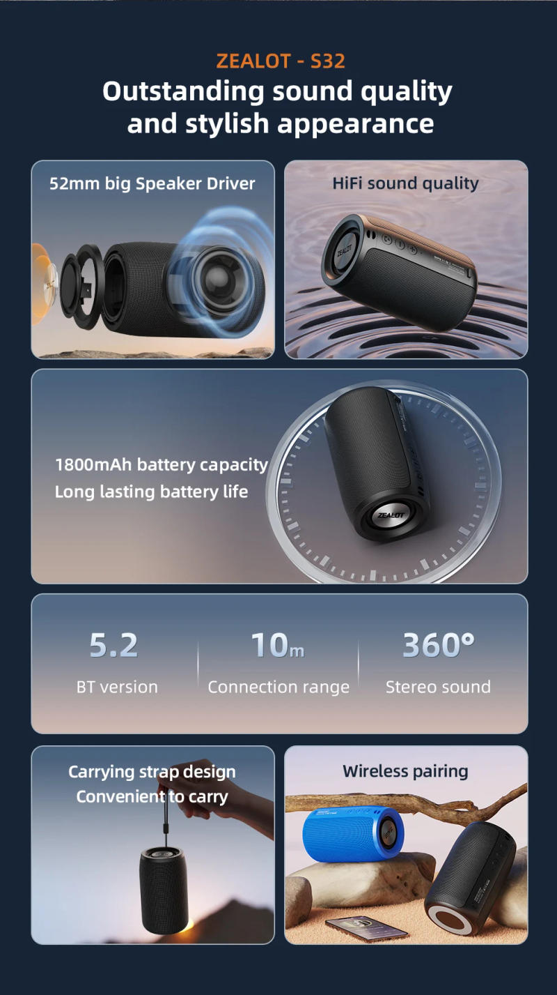 Description Picture 4 of itemZEALOT-S32 Portable Wireless Speaker Subwoofer Stereo Waterproof Powerful Column Outdoor Speakers Boom Box TF Card & AUX Audio