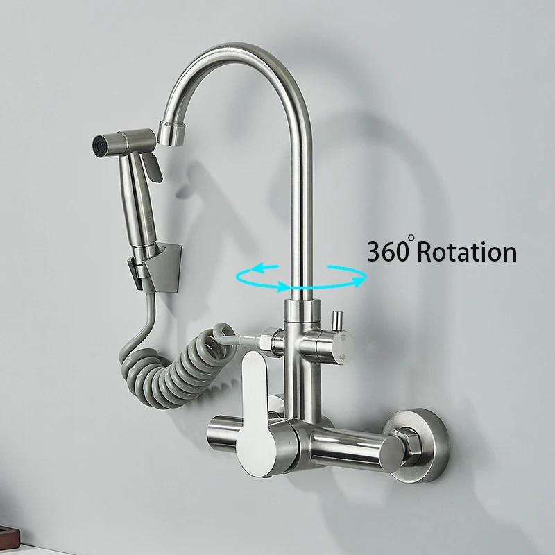 Description Picture 3 of itemBrushed Nickel 304 stainless steel Kitchen Sink Faucet With Spray Gun Bidet Sink Crane Tap Long Spout Mixer Taps Wall Mounted
