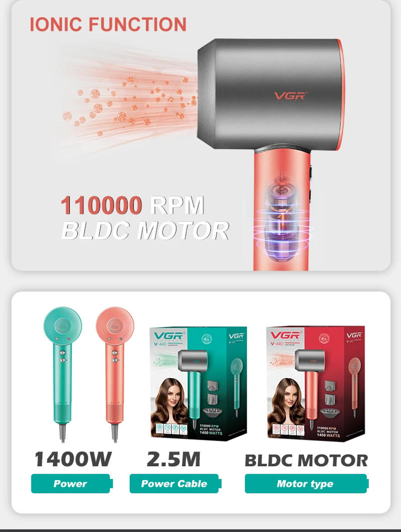 Description Picture 6 of itemVGR Hair Dryer Professional Blow Dryers 110000 RPM Brushless Motor Air Blower Leafless Anion Air Blow Dryer Salon Tools V-440