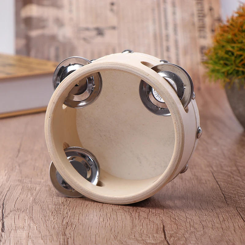 Description Picture 3 of item4 Inch Hand Held Tambourine With Metal Single Row Jingles Sheepskin Drum Skin Wooden Tambourines Entertainment Musical Toy