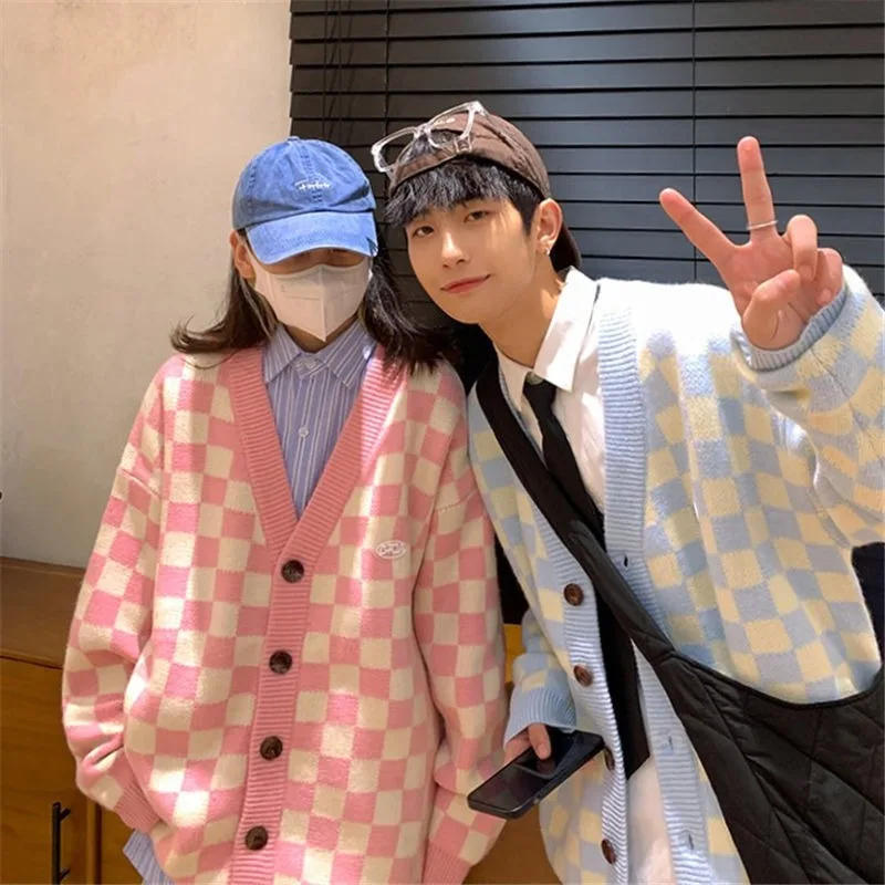 Description Picture 2 of itemJapanese Sweater Men Korean 2024 New Fashion High Street Hip Hop Checkerboard Plaid Advanced Simple Couple Wear Casual Loose Top