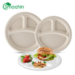 Smachin 50pcs 9/10 Inch Party Tableware Disposable Plates 3 Compartment Tray Compostable 100% Degradable Dinnerware for Picnic