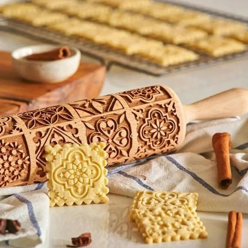 Description Picture 5 of itemExquisite Pattern Rolling Pin Wooden Embossing Baking Tools Reindeer Dough Engraved Square Grid Cookies Mold
