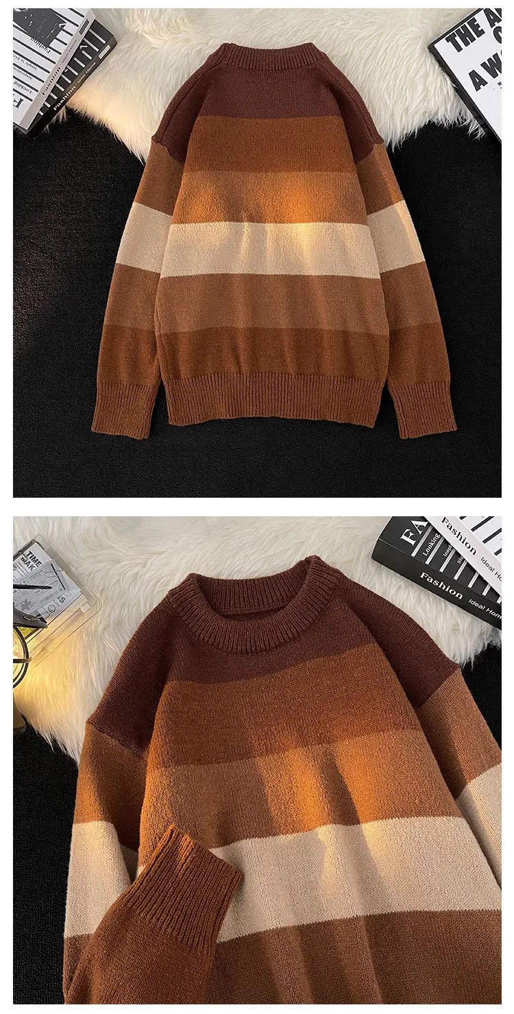 Description Picture 3 of item2024 Men's Autumn Winter Korean Long Sleeve Sweater Tops Male Round Neck Loose Knit Top Men Contrast Color Striped Jumpers S117
