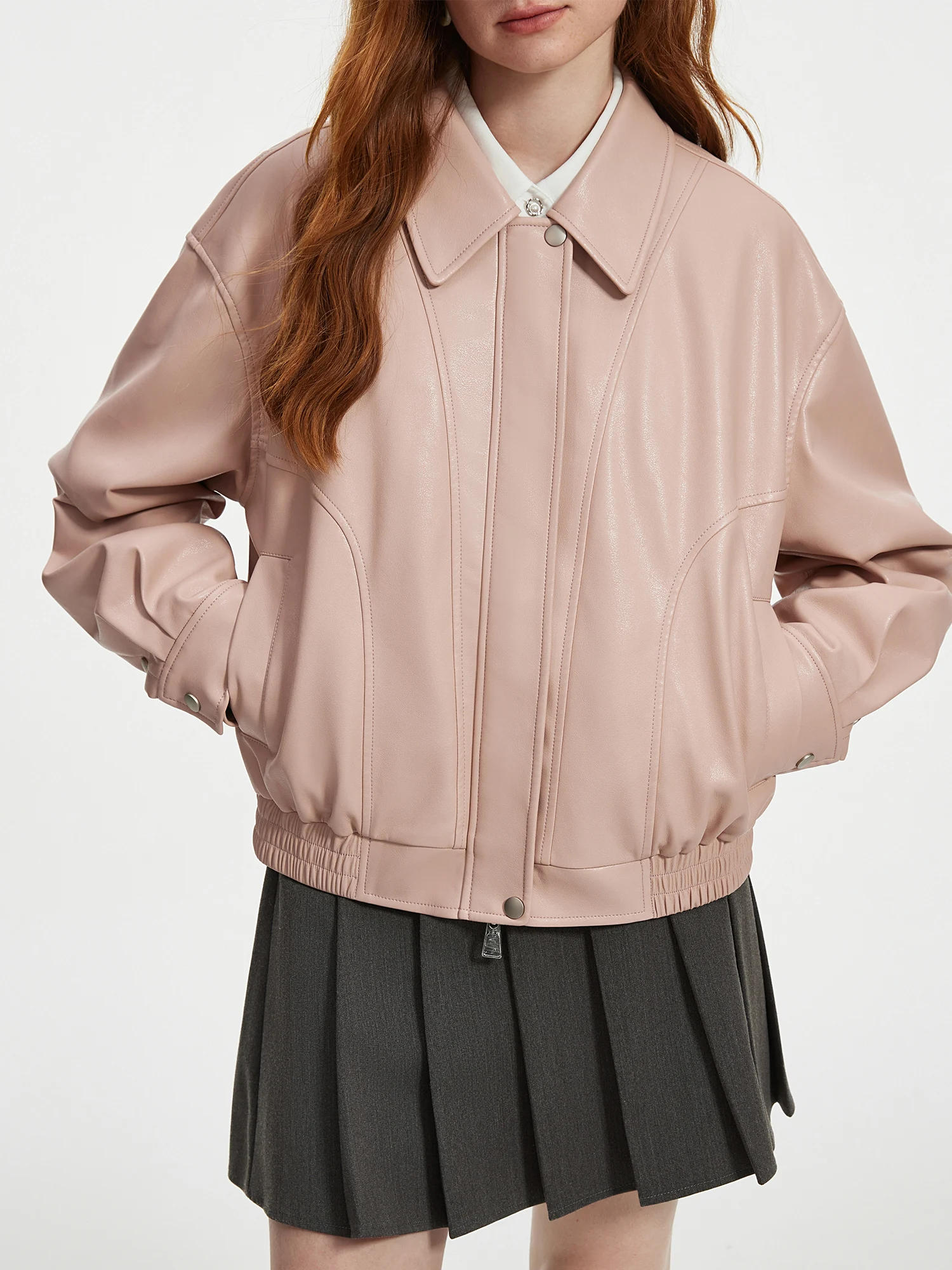 Description Picture 6 of itemFSLE【2 Colors】Women PU Leather Short Jackets Turn-down Collar Casual Drop Sleeve Loose Coats PU Office Lady Jacket 24FS13366