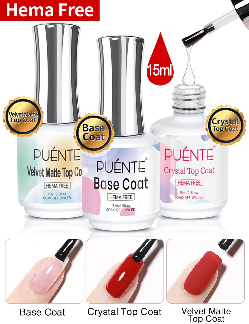 Description Picture 2 of itemPUENTE 15ML Hema Free Base Coat Crystal Top Coat Velvet Matte Top Coat Soak Off Function UV Nail Varnish For Sensitive Nails