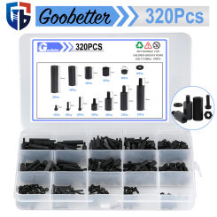 320PCS M2 Black Hex Nylon Standoff Spacer Column Flat Head Nylon Plastic Spacing Screws Nuts