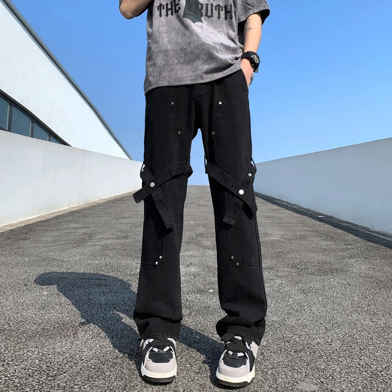 Description Picture 2 of item2024 Summer Men's Fashion Long Cargo Denim Pants Male High Street Loose Trousers Mens New Print Pockets Straight Jeans F159