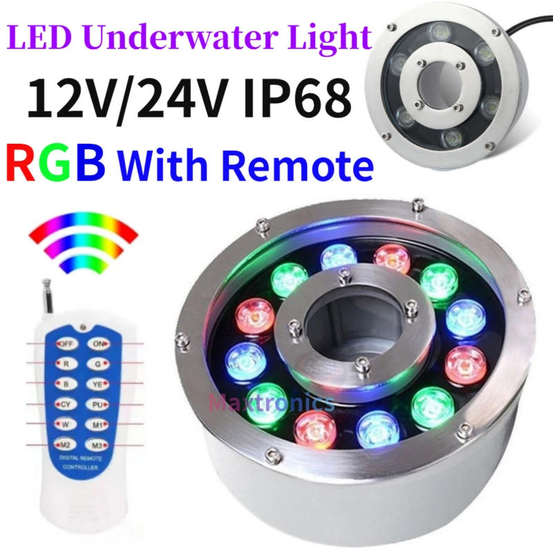 Description Picture 2 of item12V/24V RGB LED Underwater Light With Remote Control IP68 Waterproof Swimming Pool Garden Spotlight Fountain Pool Lighting Decor