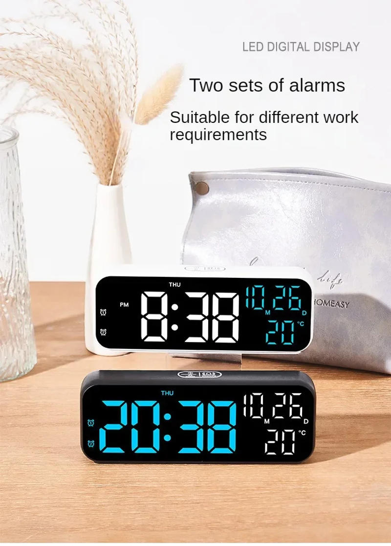 Description Picture 4 of itemDigital Alarm Clock Temperature and Date Week Display Night Mode Table Clock Voice Control 12/24H Electronic LED Alarm Clocks