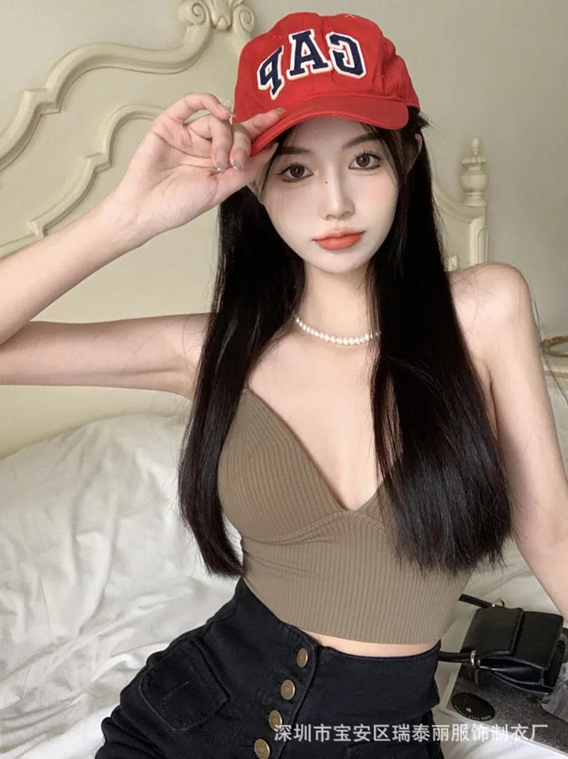 Description Picture 6 of itemLadies Camisole Slim Fit Sexy Stretch Push Up Bra with Chest Pads Cropped Navel Short Tube Top V-Neck Tops Sexy Babes Suspenders