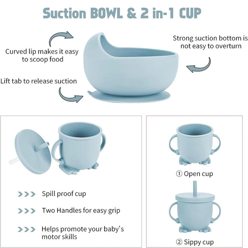 Description Picture 4 of itemChildren's Dishes Set Baby Silicone Tableware 6PCS Set Sucker Bowl Bib Cup Fork Spoon Set Maternal and Infant Supplies BPA  Free