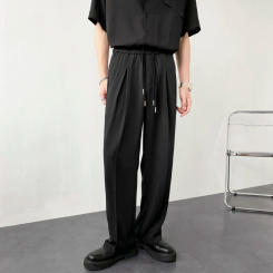 Men's straight leg pants spring and autumn new waistband drawstring design dark comfortable casual large size trousers