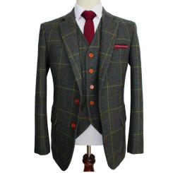 Dark Green Men Suits Plaid Tweed Custom Made Slim Fit Wedding Suits For 3 Piece Jacket Pants Vest Blazers Retro Tailor