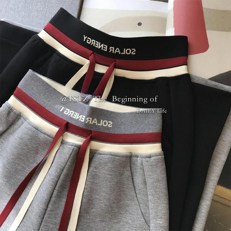 Description Picture 4 of itemStriped Design Drawstring Tie Up High Waist Women Sweatpants Loose Wide Leg Straight Trousers Sport Mopping Pants Female Basic