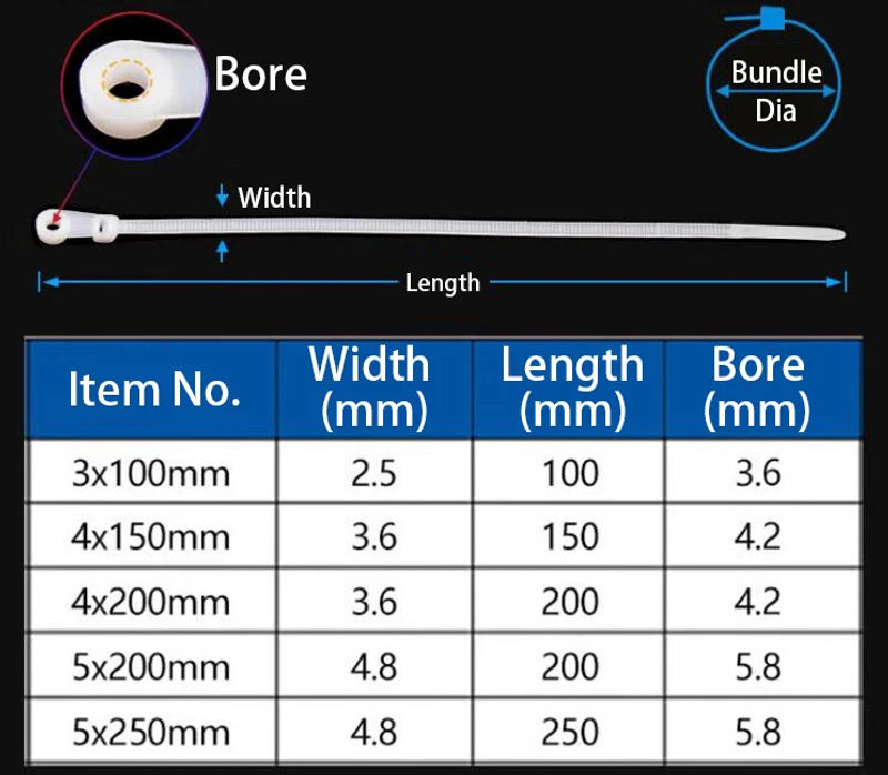 Description Picture 2 of item3/4/5*100/150/200/250mm Plastic Nylon 케이블타이 Ziptie Screw Mount Hole Fixed Self Locking Loop Strap Wrap Bundle Cable Tie Zip Ties