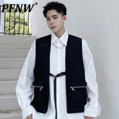 PFNW Zipper Large Pockets Male Vest Tech Wear Solid Color New Trendy Simple Men's Waistcoat Stylish Men Clothing Spring 9C4089