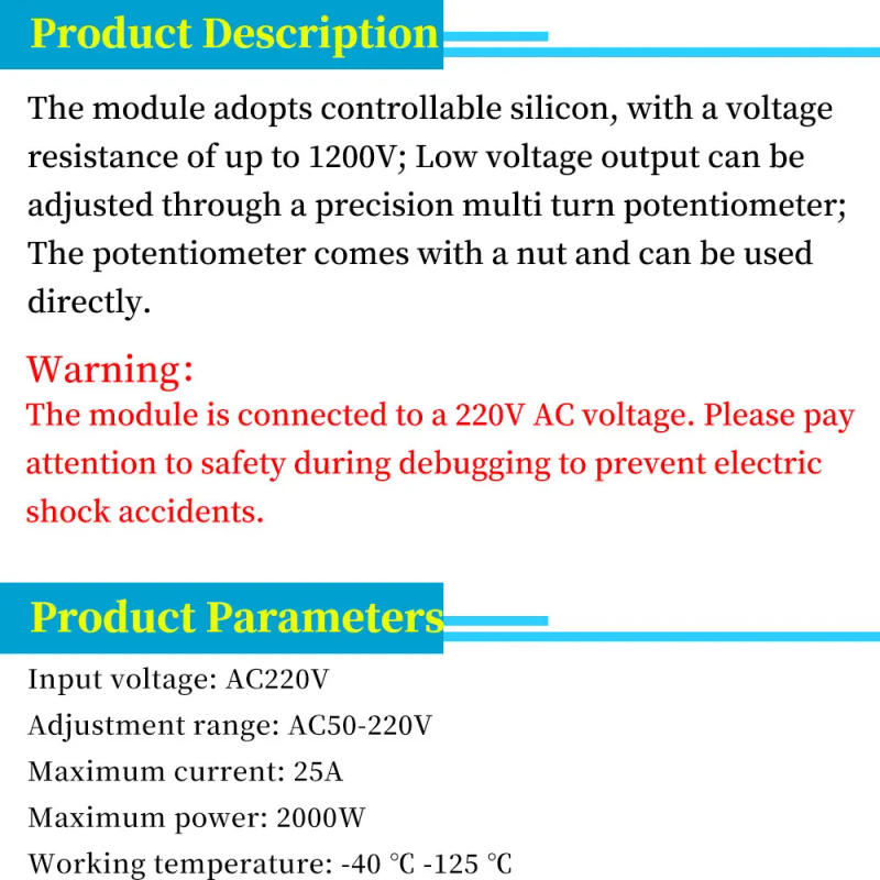 Description Picture 2 of itemAC 220V 2000W SCR Voltage Regulator Dimming Dimmers Motor Speed Controller Thermostat Electronic Voltage Regulator Module