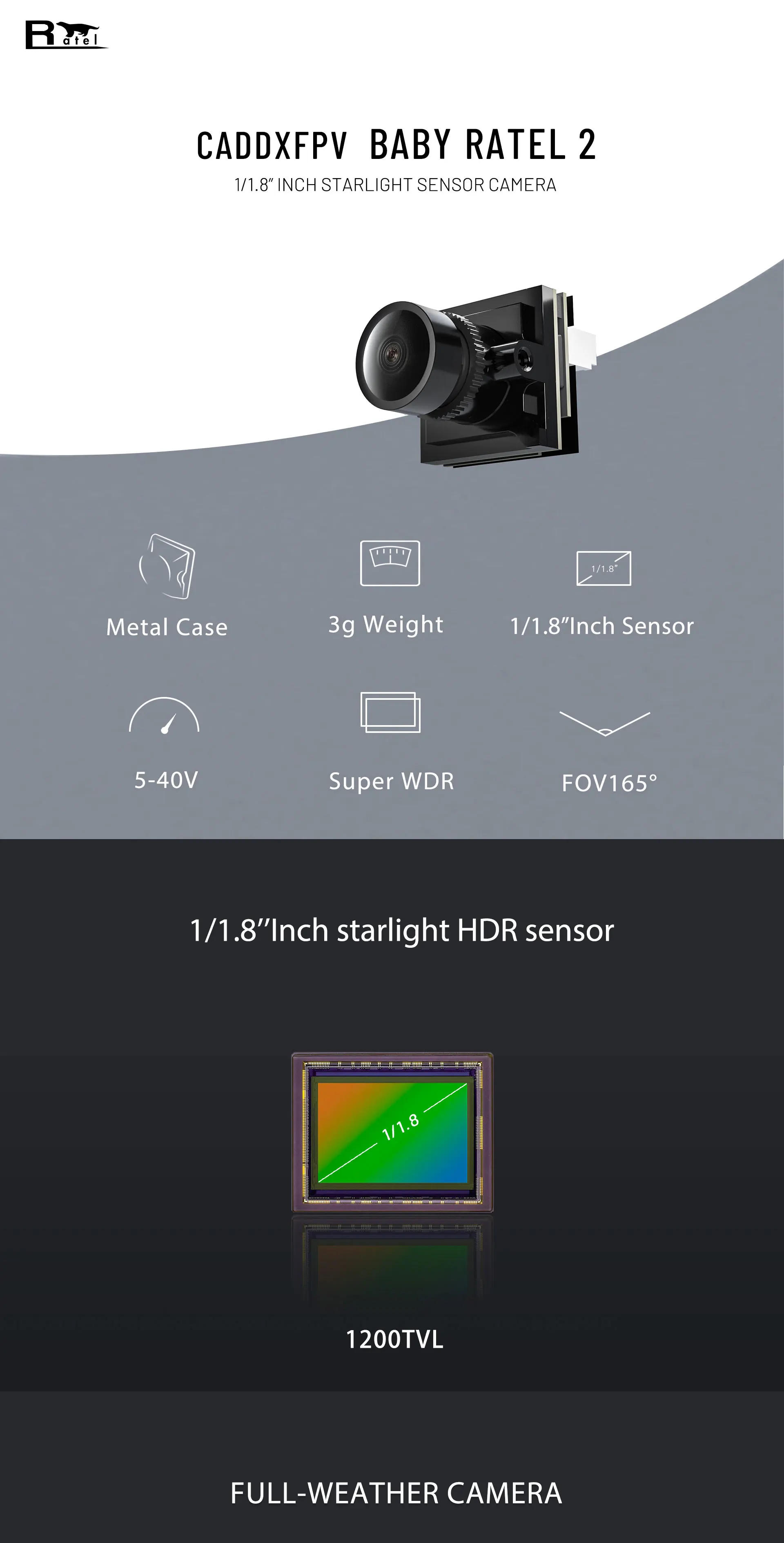 Description Picture 4 of itemCaddx Ratel 2 Baby Ratel 2 1/1.8'' Starlight 1200TVL 2.1mm NTSC PAL 16:9 4:3 Switchable Super WDR FPV Micro Camera FPV drone