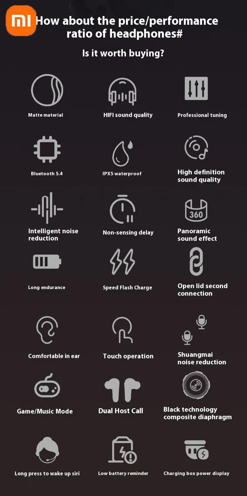 Description Picture 3 of itemXiaomi A98 Wireless Earbuds Bluetooth 5.4 Headset ENC Noise Reduction in-ear Waterproof Earphones with Microphone