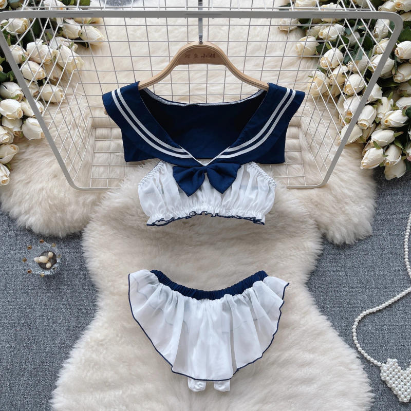 Description Picture 4 of itemSINGREINY Bow Sheer Japan Style Erotic Suits Lingerie Women Navy Collar Sleeveless Tops+Chiffon Briefs Sweet Sexy Underwear Sets