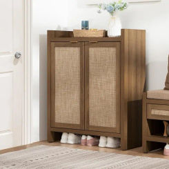 Shoe Cabinet 24 Pair Shoe Storage Organizer Cabinet 41" Tall Rattan Shoe Cabinet with Doors and Shelves 6-Tier Farmhouse