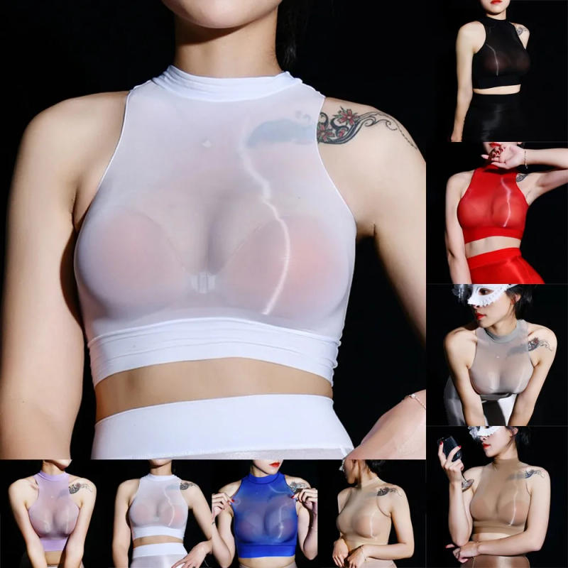 Description Picture 4 of itemWomens Tank Tops See Through Exotic Underwear Oil Glossy Shiny Sheer Halter Crop Top Bra Vest Sexy Seductive Sleeveless Bralette