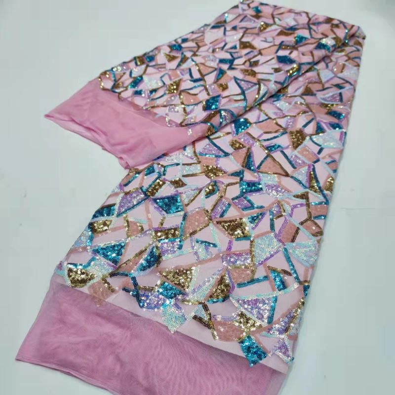 Description Picture 4 of itemApplique African Lace Fabric 2022 High Quality Mesh Lace Multicolor Gold Line Sequins Nigerian Lace Fabrics For Wedding Dress