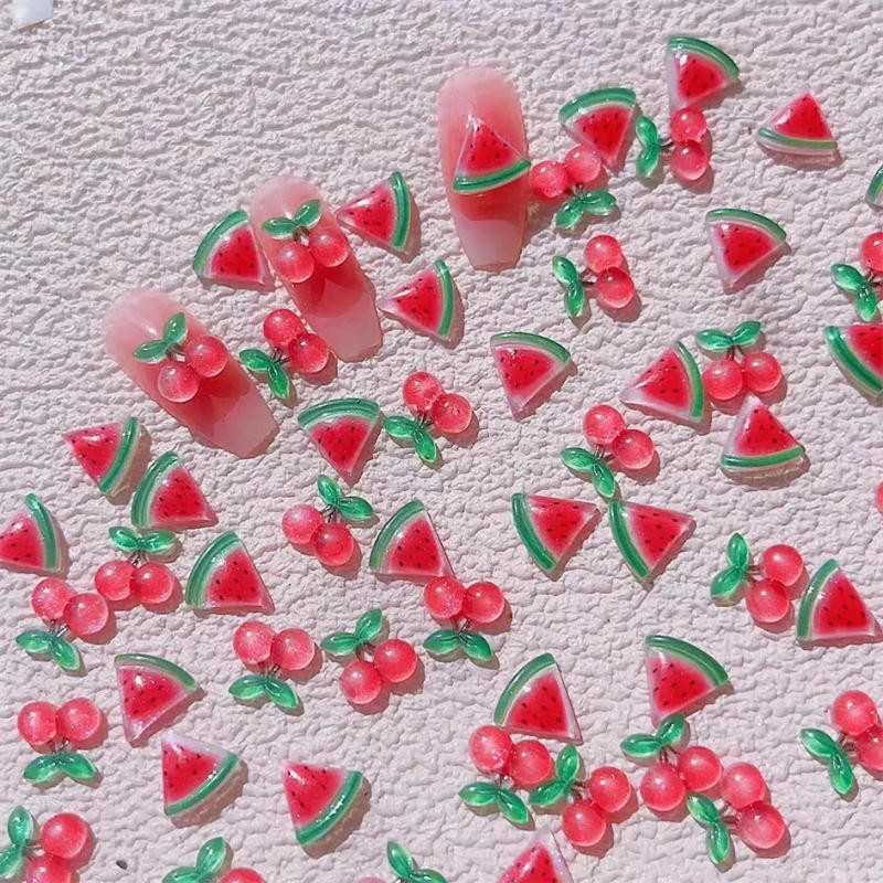 Description Picture 4 of item10Pcs 3D Resin Mini Cherry Watermelon Gems Nail Art Charms Sweet Fruit Flatback Jewelry Design Nail Decorations Rhinestones 10mm