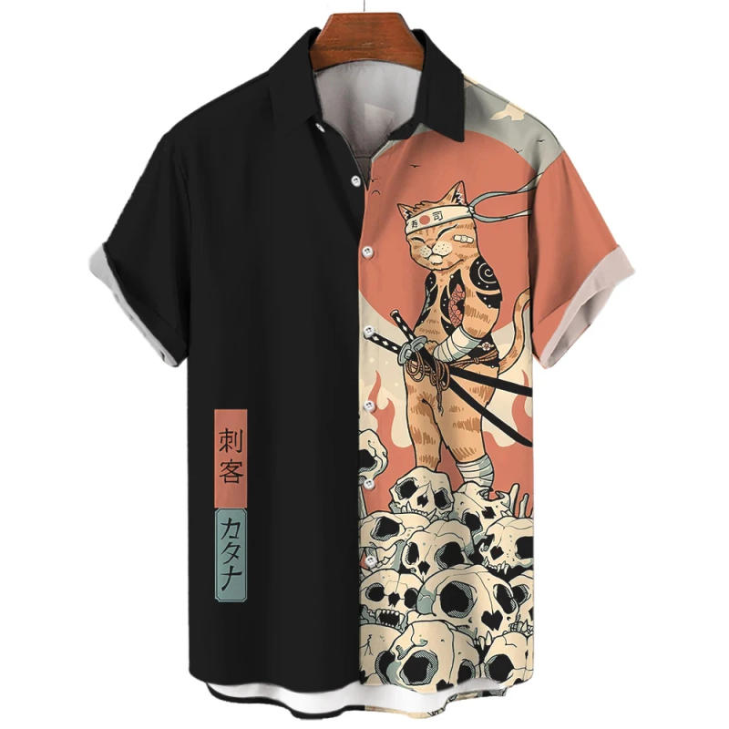 Description Picture 4 of itemFashion Men's Shirt Cool Samurai Cat Tops New Summer Men's Clothing Casual Short-Sleeved Buttons Loose Blouse Hawaiian Shirts