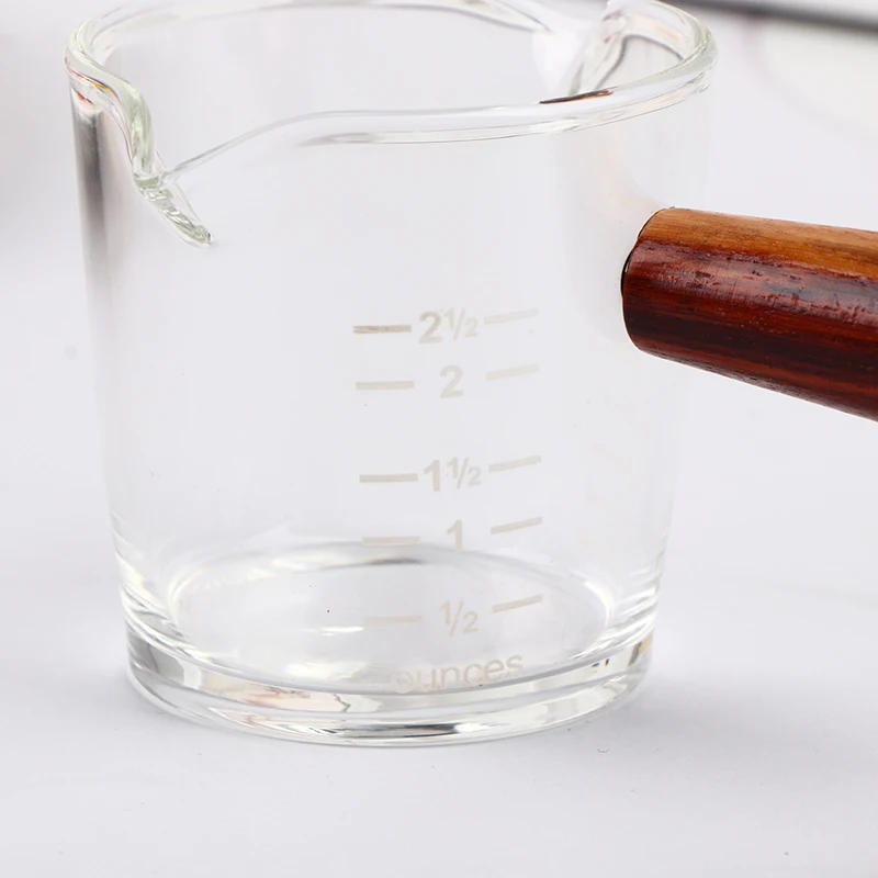 Description Picture 3 of itemMilk Cup Espresso Shot Glass With Scale Espresso Measuring Cups With Wooden Handle Double Spouts Measuring Triple Pitcher