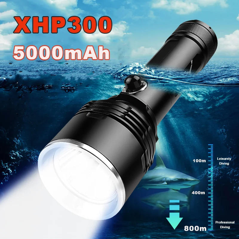 Description Picture 3 of itemSuper Bright Diving Flashlight Professional Underwater Diving Torch Powerful XHP300 Spotlight IP8 Waterproof Scuba Diving Light