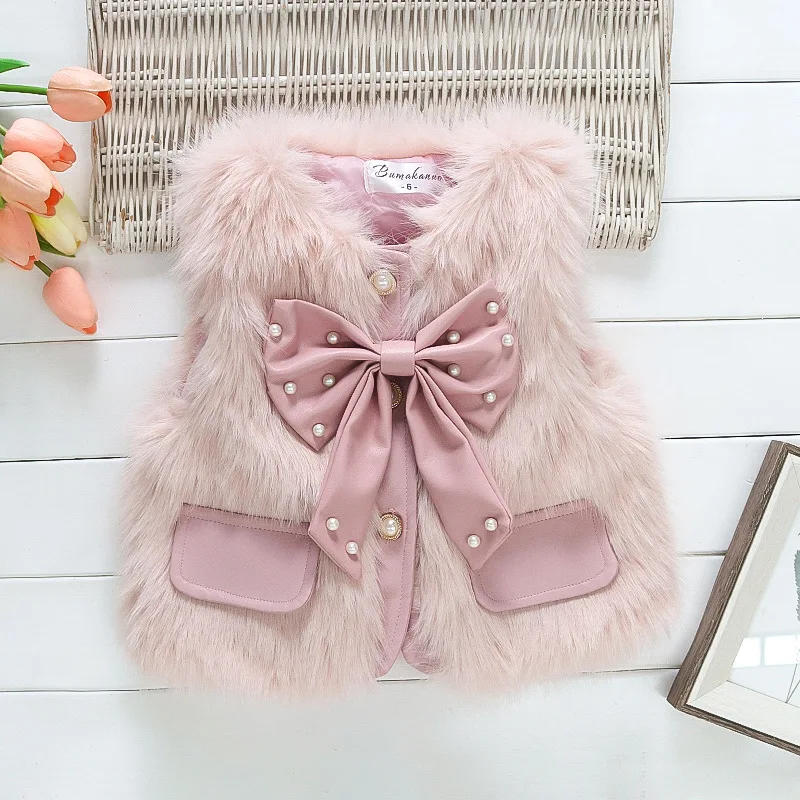 Description Picture 3 of itemBaby Girl'S Autumn And Winter New Warm Jacket Sleeveless Nail Bead Large Bow Furry Vest Suitable For 0-3 Years Old
