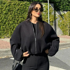 HXAO Women's Jacket Outerwears Tweed Bomber Jacket Autumn Winter Coats Woman 2024 New In Coats & Jackets Crop Long Sleeve Coats