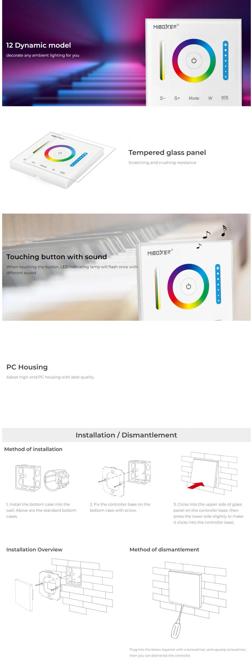 Description Picture 4 of itemMiBoxer P3 DC12-24V 2.4GHz 86Touch RGB/RGBW/RGB+CCT Switch Panel Dimmer Adjust Brightness Led Controller for Led Strips/FCOB