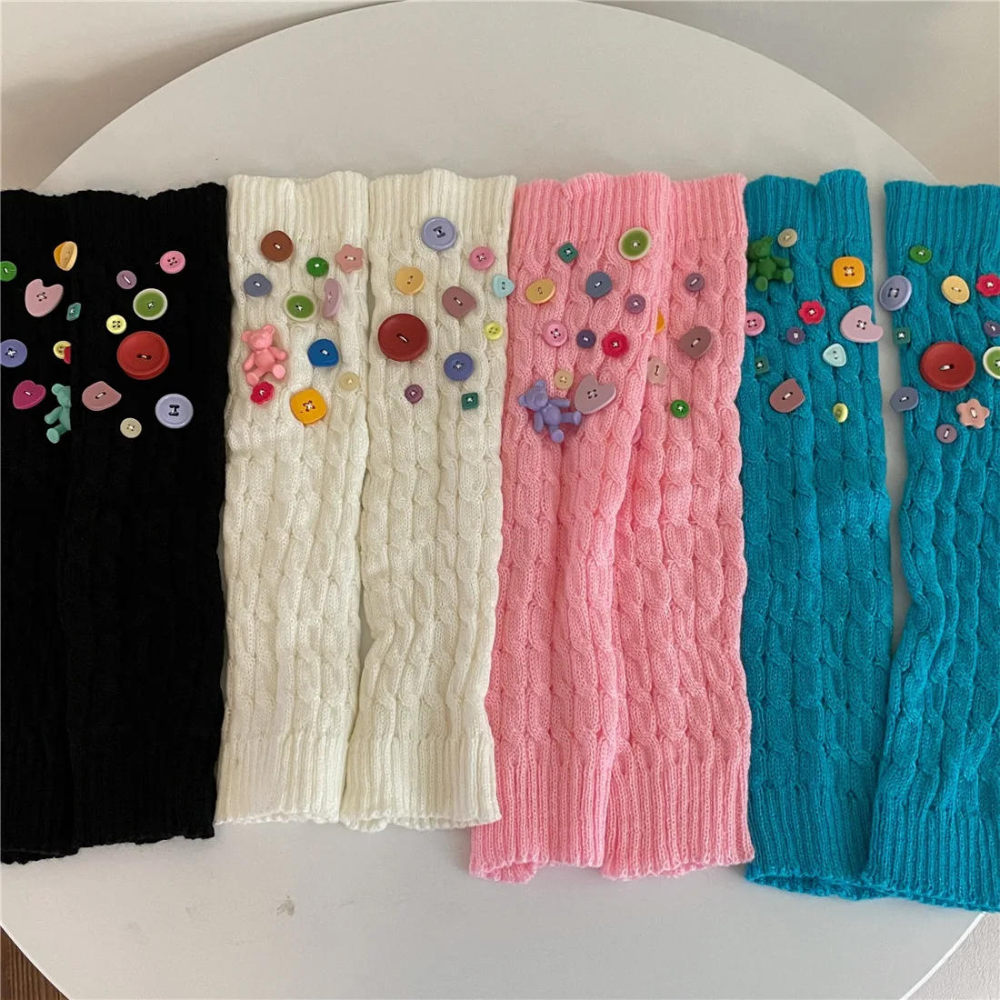 Description Picture 5 of itemCute Japanese Candy Color Leg Socks Korean Accessories Y2K Handmade Button Leg Warmers Cover Knitted Warm Pile Socks  Kawaii