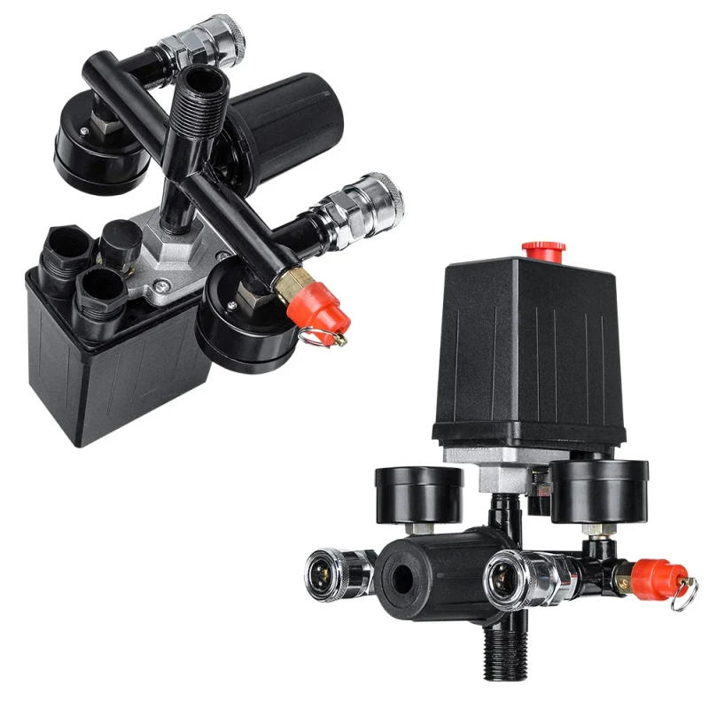 Description Picture 4 of item4 Port Air Compressor 220v/380v All Black Bracket With Switch Manifold Pressure Regulator Aluminum Alloy Safety Pressure Valve