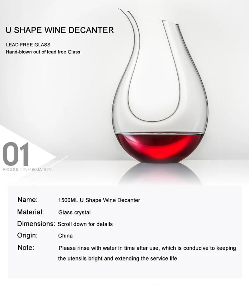 Description Picture 2 of itemU Shape Design Wine Carafe Wine Aerator 100% Hand Blown Lead-free Crystal Glass Wine Decanters and Carafes 1.5L Wine Accessories