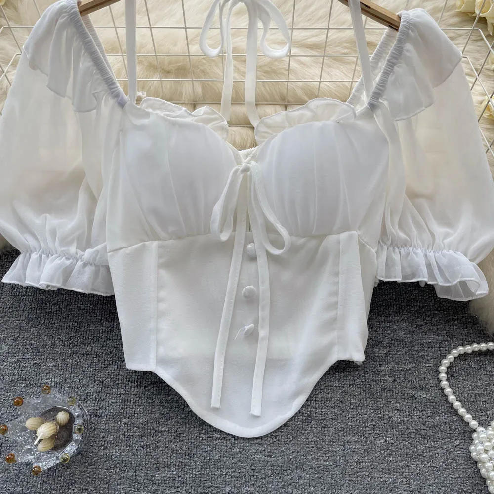 Description Picture 6 of itemSexy  Pleated Lace-up Puff Short Sleeve Slim Blouse Elegant Korean Fashion Off Crop Top Sexy Shirt Summer Women Clothing