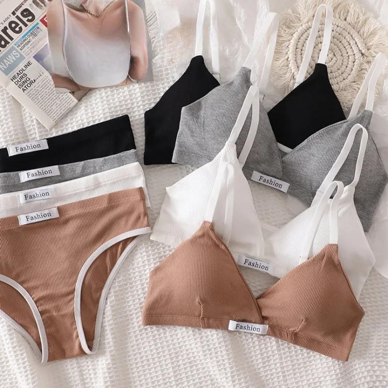 Description Picture 2 of itemSoft Cotton Underwear Sets Sexy Comfortable Bras Low Waist Panties V-neck Brassiere No Steel String Underwear Brief Sets