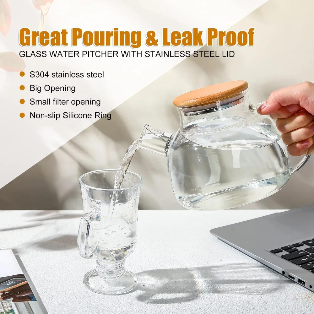 Description Picture 2 of itemGlass Teapot,Home Stovetop Coffee Kettle,1L Heatproof Borosilicate Glass,With Bamboo Lid Removable Filter Spout,for Lemonade