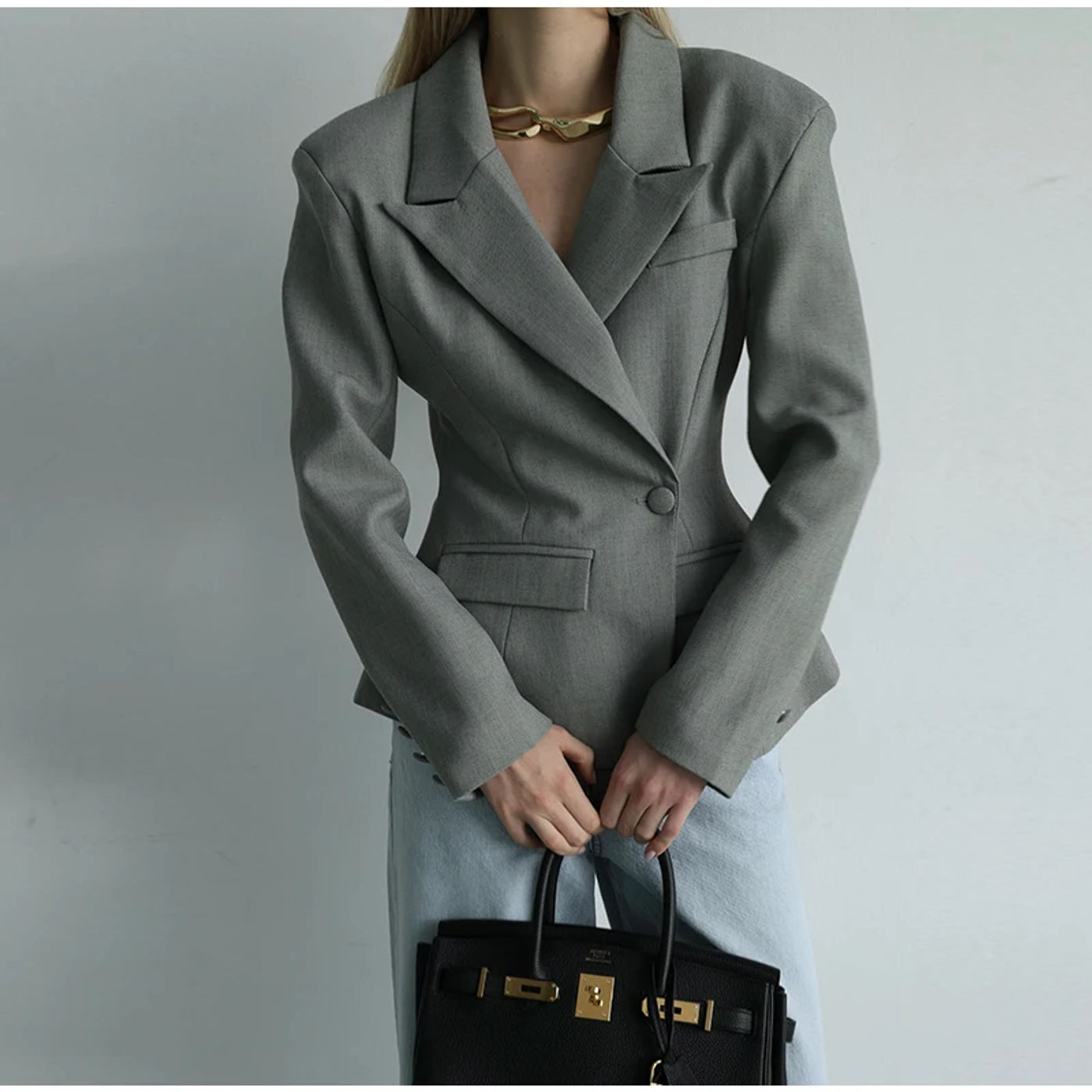 Description Picture 2 of itemElegant Solid Lapel Blazer Jacket Women Slim Waist Single Button Shoulder Pad Long Sleeve Coats 2025 Spring Fashion Lady Coats