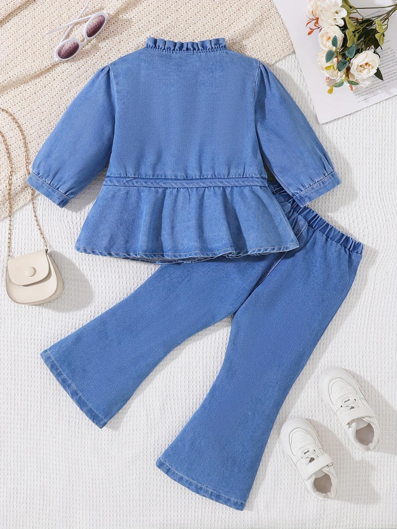 Description Picture 3 of itemSpring And Autumn Fashion Baby Girl Denim Set: Stand-Up Collar Waist-Shaped Drawstring Denim Jacket + Casual Washed Jeans
