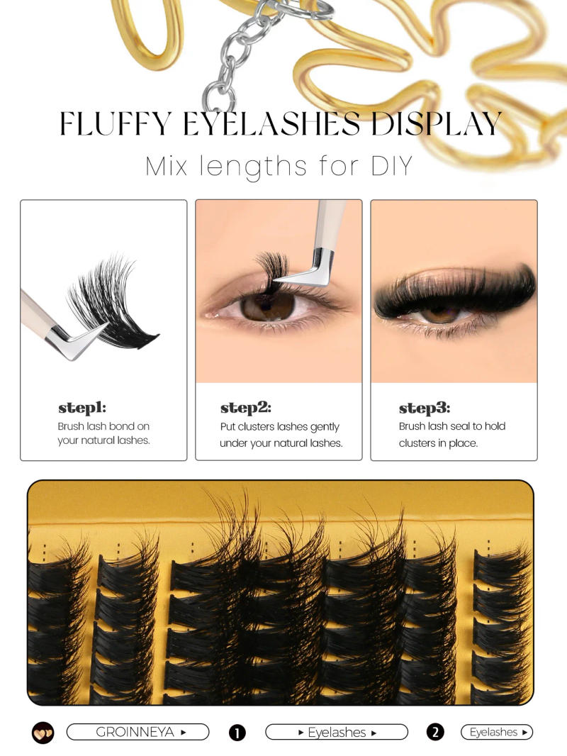 Description Picture 5 of itemGROINNEYA Cluster Lashes DIY Eyelash Extension C Curl Long Individual Lashes Mixed Tray Faux Mink Lash Clusters Extensions