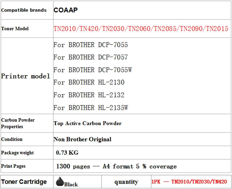 Description Picture 5 of item1 x TN2010 TN2030 TN2060 TN420 Toner Cartridge For TN-2010 DCP-7055 DCP-7057 HL-2130 HL-2132 HL-2135W Printer