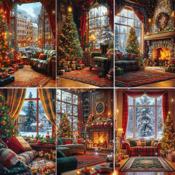 Vertical Christmas Party Scene layout Background Indoor Fireplace Fire Christmas Tree Candle Gift Bell Wreath Decor Photo Studio