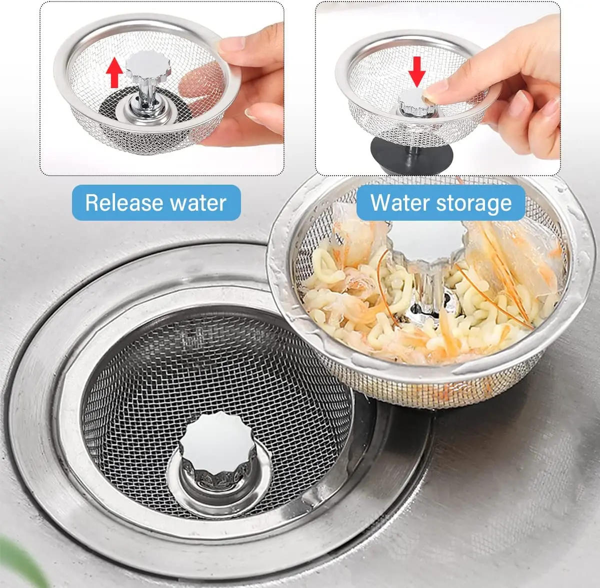 Description Picture 4 of item1-3PCS Kitchen Sink Filter Stainless Steel Mesh Sink Strainer With Handle & Stopper Sink Drains Basket Filters Waste Hole Trap