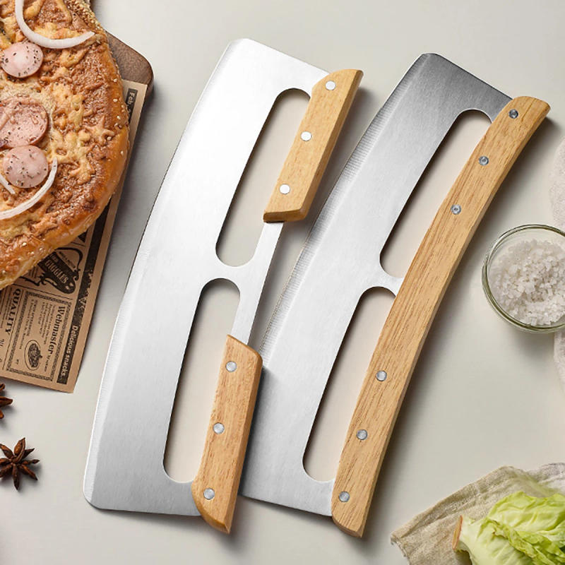 Description Picture 3 of itemWooden Handle Stainless Steel Pizza Cutter Pizza Rolling Knife with Protective Cover Half Round Pizza Knife Kitchen Baking Tools