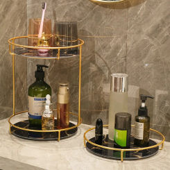 1pc Light Luxury Metal Rack Glass Storage Tray Household Bathroom Shampoo Shower Gel Shelves Cosmetic Dressing Table Organizer